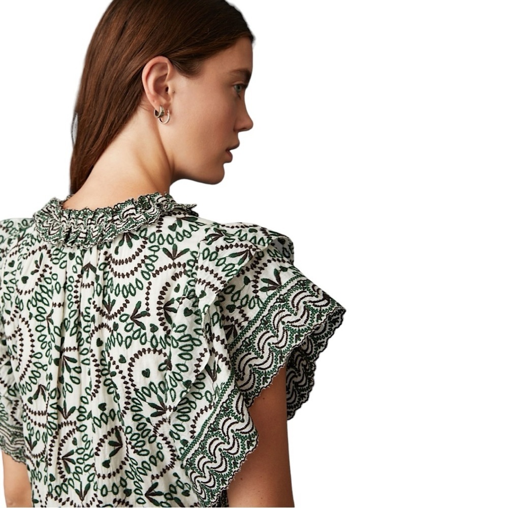 MARIE OLIVER Julia Sage Embroidered Voile Cotton Ruffle Dress - Picture 3 of 12
